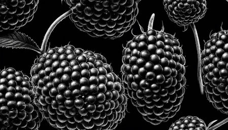Blackberry seamless pattern on black background. Black and white raspberries.の素材
