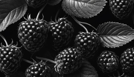 Blackberries on a black background. Black and white photography. Close-up.の素材