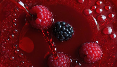 Red jelly with fresh raspberries and blackberries, closeupの素材