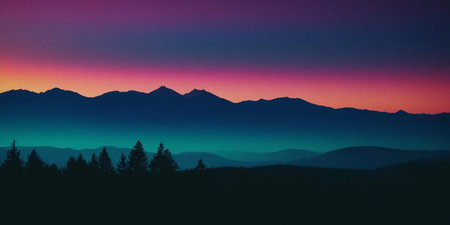 Sunset in the mountains. Panoramic view of the mountains.の素材