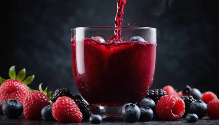 Glass of raspberry and blueberry smoothie with fresh berries on dark backgroundの素材