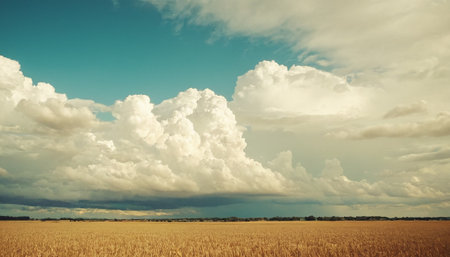 Wheat field and blue sky with clouds. Vintage retro style.の素材
