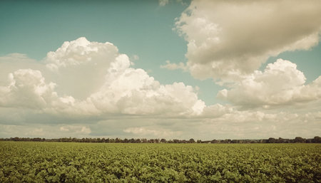 Soybean field and blue sky with clouds - vintage retro effectの素材