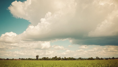 Green field with blue sky and white clouds - vintage filter effect.の素材