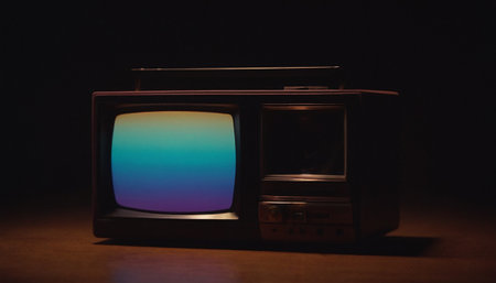Retro TV on wooden table in dark room. Television on dark backgroundの素材