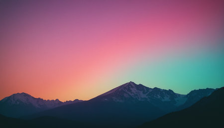 Mountain landscape with snow covered peaks at sunset. Colorful sky.の素材
