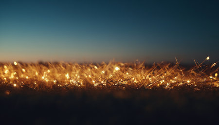Glowing golden grass in the evening on a background of blue skyの素材