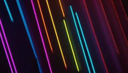 Neon light lines. Luminous abstract sparkling lined background. Trendy colorful light stripes.の素材