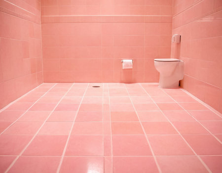interior of a bathroom with pink tiles, toilet and toilet bowlの素材
