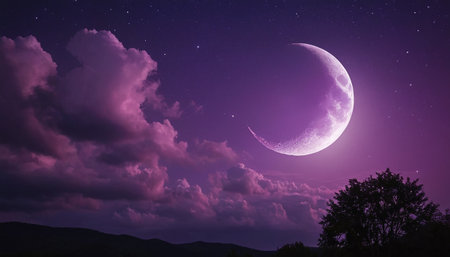 The moon in the night sky among the clouds. 3d renderingの素材