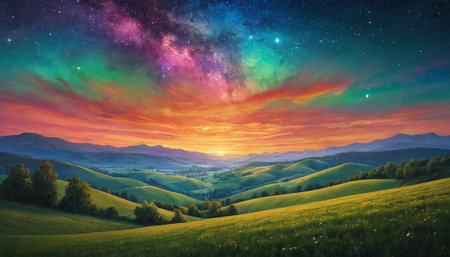 Fantastic summer landscape with starry sky and milky wayの素材