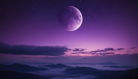 Night sky with full moon and clouds. Landscape of the mountains.の素材