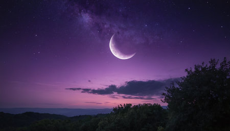 Night sky with stars and moon. Night landscape with stars and moonの素材