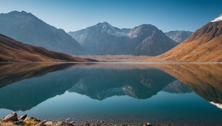 Panorama of New Zealand alps and lake with reflection in waterの素材