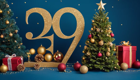 Golden numbers 2019 and Christmas tree with decorations on a blue background.の素材