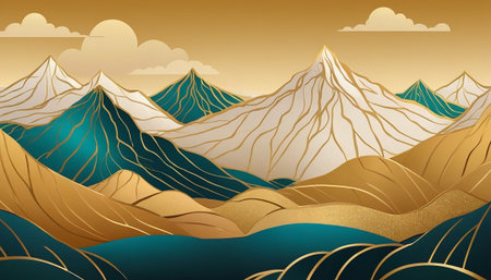Illustration of a mountain landscape in gold and blue tones. Vector illustration.の素材
