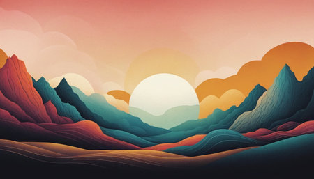 Landscape with mountains and sun in the sky, vector illustration.の素材