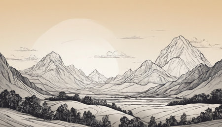 Mountain landscape. Hand drawn vector illustration. Vintage sketch style.の素材