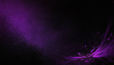 Purple powder explosion on black background. Abstract design. Colorful dust explode. Paint Holi.の素材
