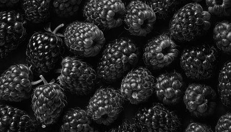 Blackberries on a black background. Top view. Black and white photo.の素材