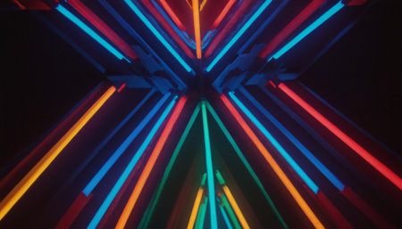 abstract background of blue and red neon lights in the shape of a triangleの素材