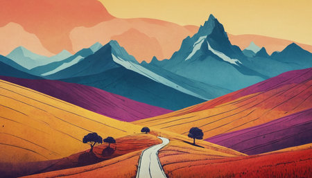 Digital painting of mountain landscape with road and trees. Hand drawn illustrationの素材