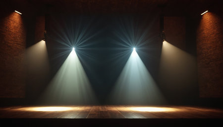 Empty stage illuminated by spotlights. 3D rendering. Stage background.の素材
