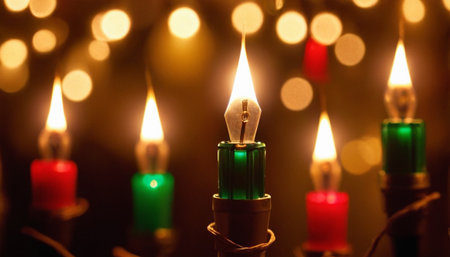 Burning candles on a dark background with bokeh effect.の素材