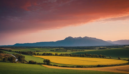 Beautiful sunset over fields and mountains in Bavaria, Germany.の素材