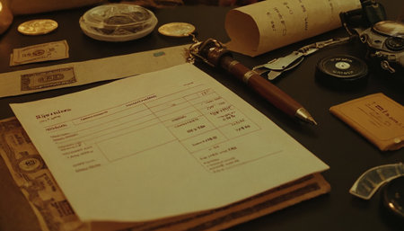 Vintage map, compass, magnifying glass and money on tableの素材