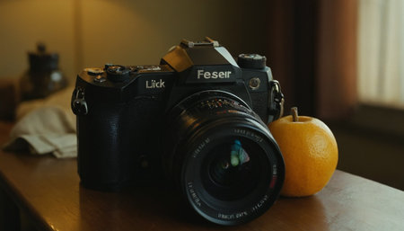 Vintage camera on the table with orange fruit in the background.の素材