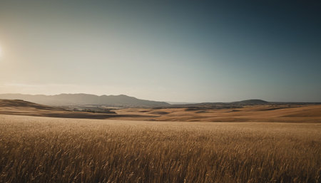 Sunset over a wheat field with mountains in the background. Toned.の素材