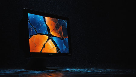 Broken computer monitor screen on dark background. Data loss concept.の素材