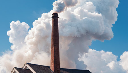 Smoke from a chimney of a power plant against a blue skyの素材