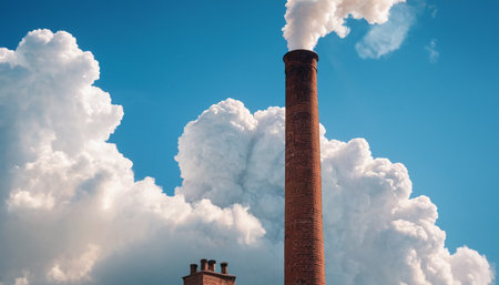 Smoke from the chimney of a factory against the blue skyの素材