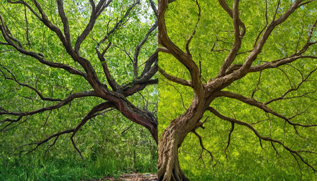 Old big tree in the green forest. Spring time. Nature backgroundの素材
