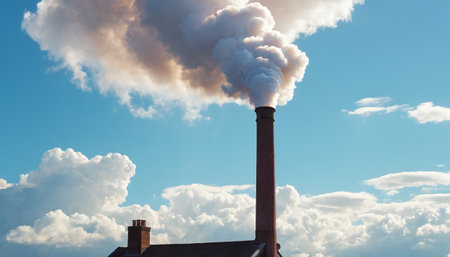 Smoke from the chimney of a factory on a background of blue skyの素材