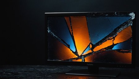 Broken computer monitor with broken glass on black background. Close upの素材