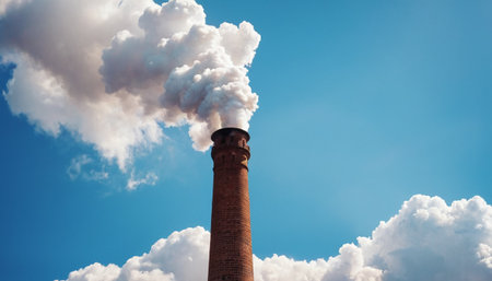 Industrial chimney with white smoke against the blue sky with white cloudsの素材