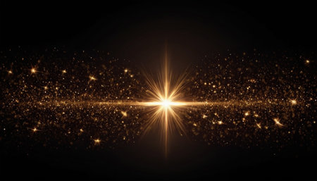 abstract golden star with lens flare and bokeh effect on black backgroundの素材