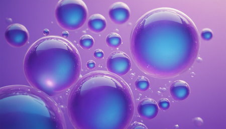 Water drops on a purple background. 3d rendering, 3d illustration.の素材