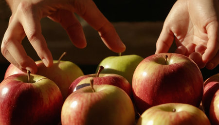 Closeup of woman's hands picking apples from a pile of applesの素材