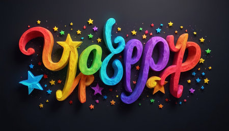 Happy New Year greeting card with colorful lettering on black background.の素材