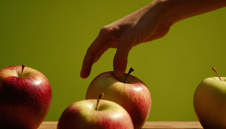 Female hand picking up a red apple from a pile of green onesの素材