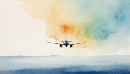 Airplane flying in the blue sky with clouds. Watercolor paintingの素材
