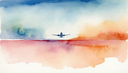 Watercolor illustration of an airplane flying over the sea. Travel conceptの素材