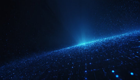 abstract blue background with glowing particles and lines, 3d renderの素材