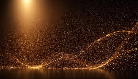 abstract golden particles wave line and lighting effect on black background.の素材