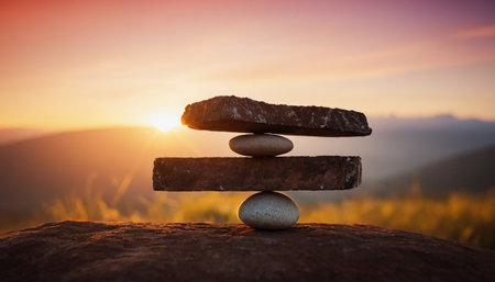 Stones balance on top of the mountain at sunset. Conceptual imageの素材