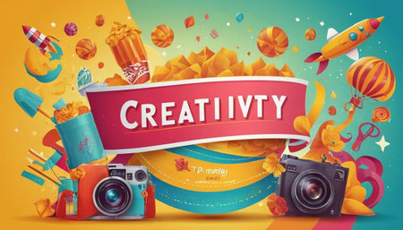 Creativity banner with retro camera, rocket and confetti. Vector illustrationの素材